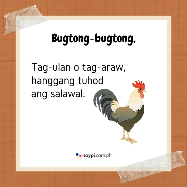 Bugtong-bugtong,
Tag-ulan o tag-araw, hanggang tuhod ang salawal.