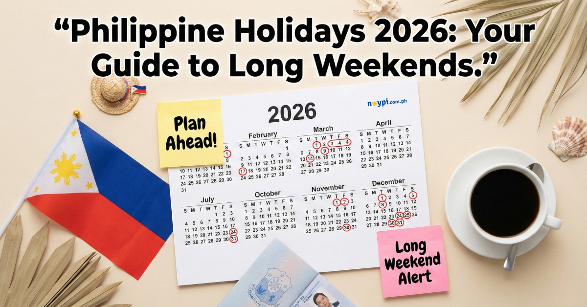 Flat-lay image showing 2026 calendar with marked Philippine holidays, passport, and travel icons
