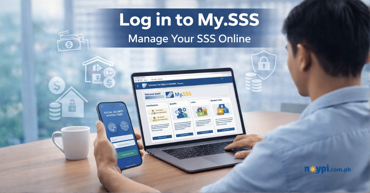 User accessing My.SSS on laptop and phone with icons representing SSS services